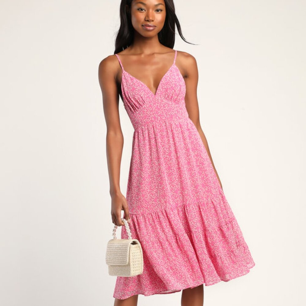 Lulu's Pink Floral Tie-Back Midi Dress size S